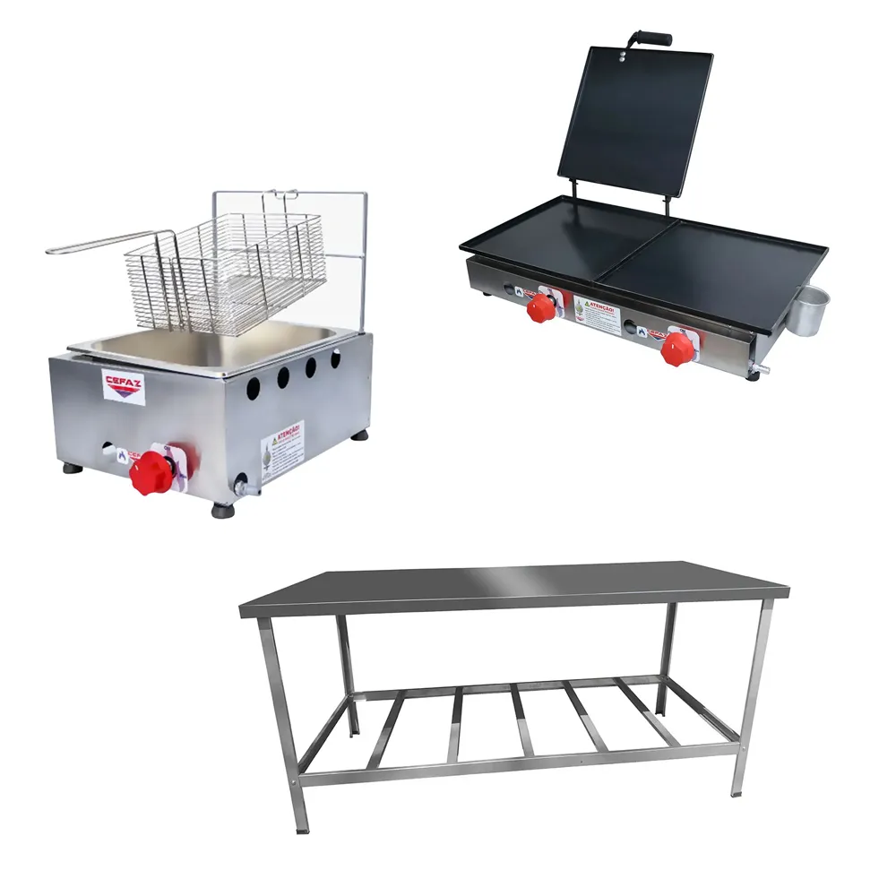 Kit Lanchonete Mesa 190x70 + Fritadeira 1 Cuba + Chapa 60cm - Imagem 1