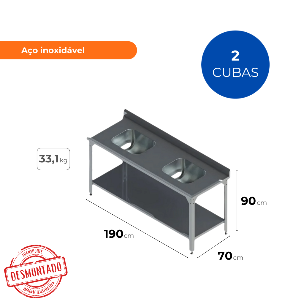 Pia Inox Industrial 90X190X70CM MVE-1900 Edanca com 2 Cubas e Prateleira - Imagem 2