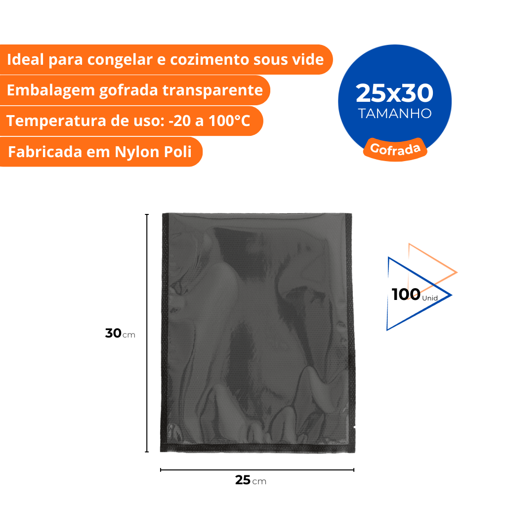 Saco para Seladora a Vácuo Selovac 25x30cm Gofrado Transparente e Preto Caixa c/ 100 Unidades LNS-GT9 - Imagem 2