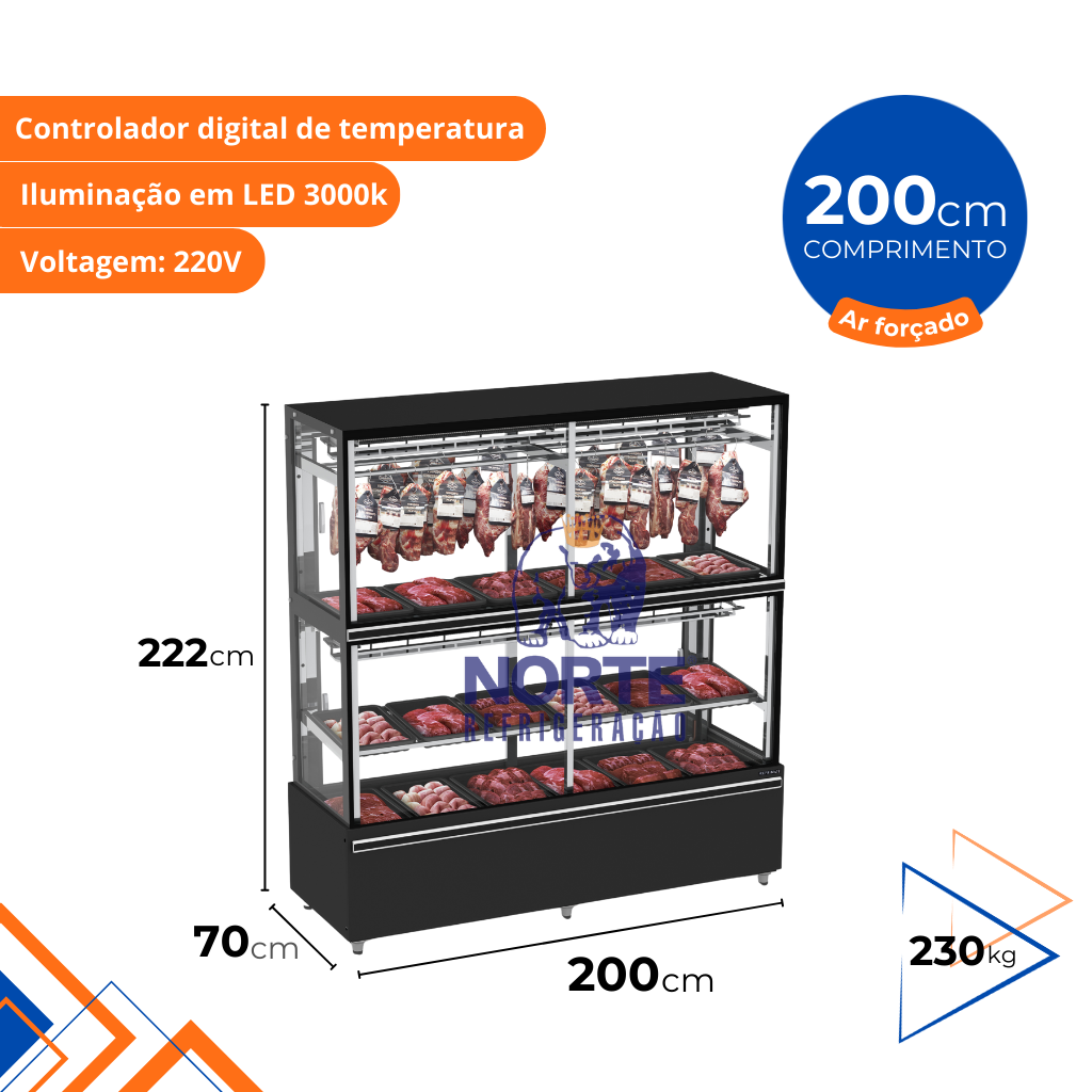 Expositor de Carne 200CM EAVTA-2000-R05 com Gancheira e Prateleira Refrimate Top Ar Forçado 220V Preto - Imagem 2