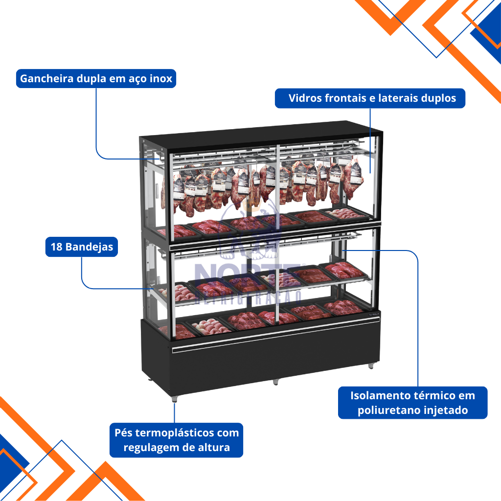 Expositor de Carne 200CM EAVTA-2000-R05 com Gancheira e Prateleira Refrimate Top Ar Forçado 220V Preto - Imagem 3