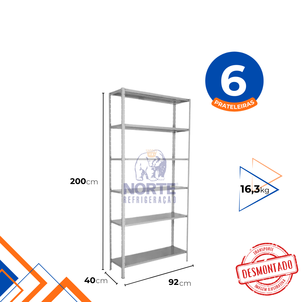 Estante Epóxi 6 Prateleiras Até 25Kg Só Aço 200x92x40CM PA 7029 - Imagem 2