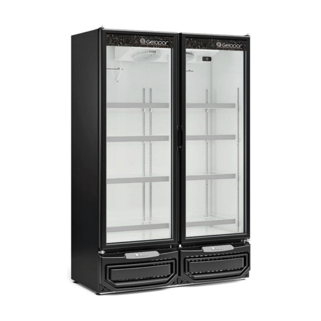 Expositor Vertical Refrigerado Auto Serviço 2 Portas 950L GCVR-950-PR Ar Forçado Gelopar 220V Preto